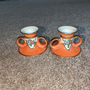 Vtg Noritake Gold Accented Candlesticks Short Handles Japan